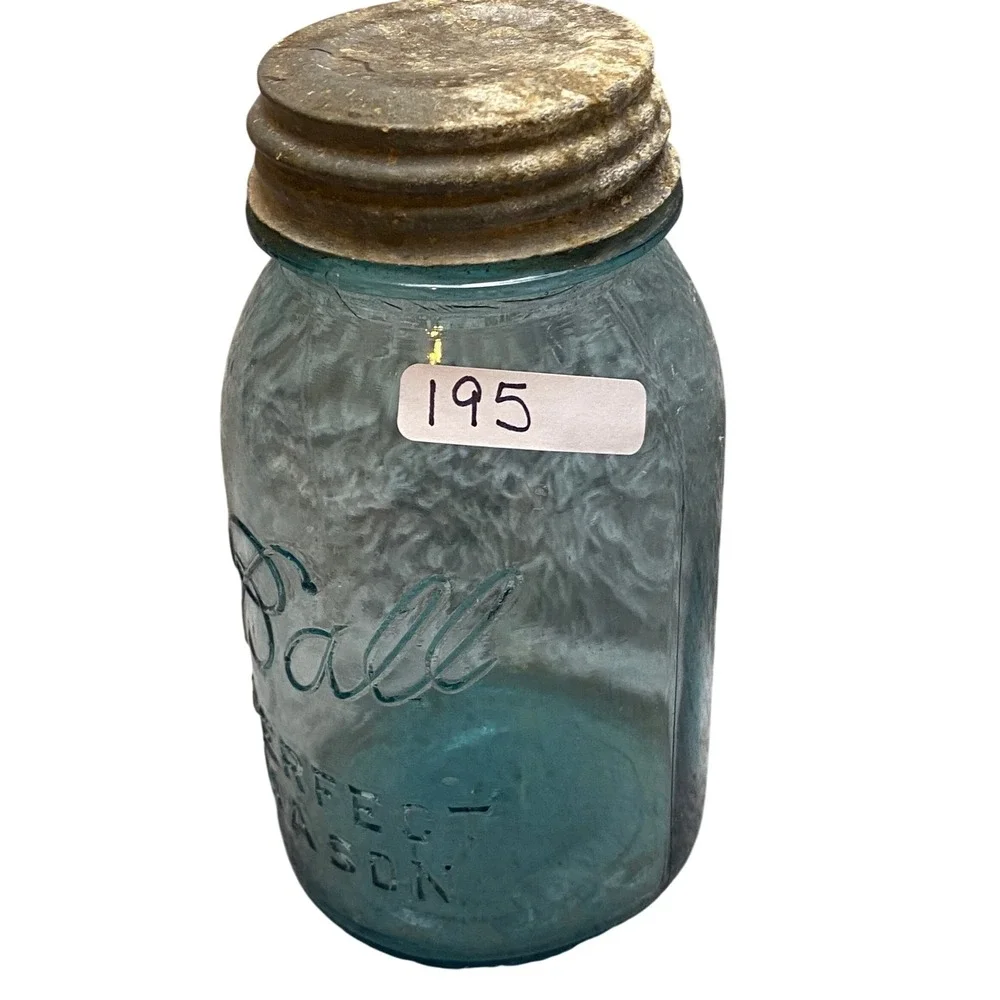 Antique Blue Glass‎ Ball Mason Jar Zinc Lid Stamped 8 on Bottom